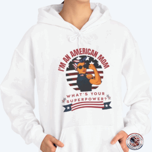 This retro American mom patriotic design features a mom flexing her muscles against a stars and stripes shield. The hoodie is perfect for those looking for a cozy and stylish way to show off their patriotic spirit. It is ideal for adults who want to celebrate holidays like Independence Day or Veterans Day.