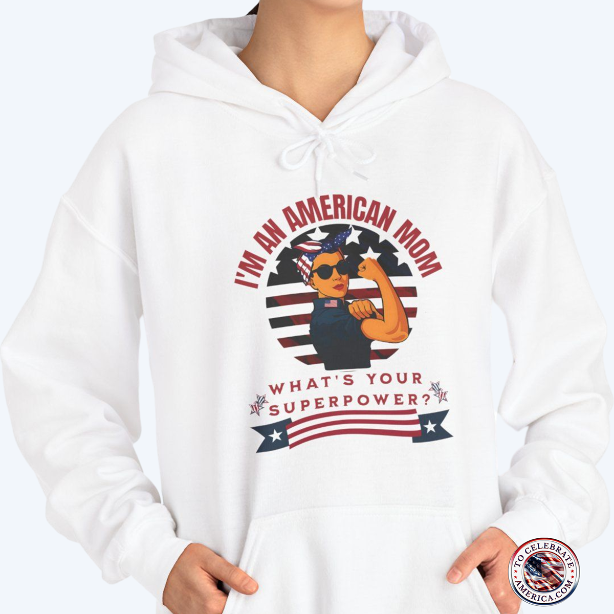 This retro American mom patriotic design features a mom flexing her muscles against a stars and stripes shield. The hoodie is perfect for those looking for a cozy and stylish way to show off their patriotic spirit. It is ideal for adults who want to celebrate holidays like Independence Day or Veterans Day.