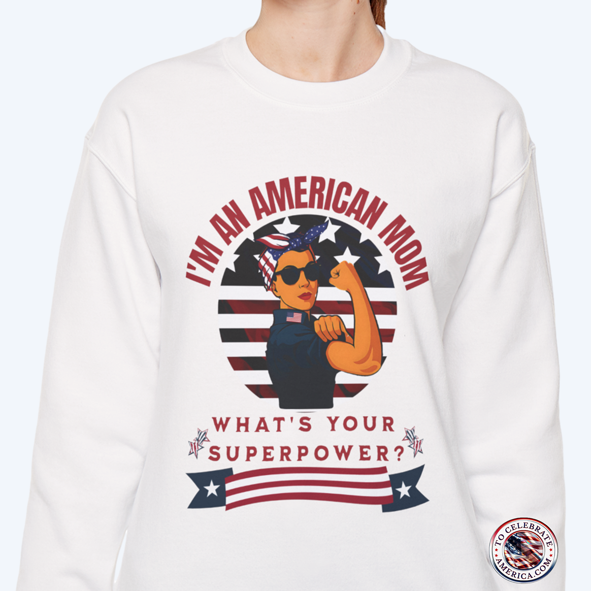 This retro American mom patriotic design sweatshirt features a mom flexing her muscles against a stars and stripes shield, giving off a strong and proud vibe. Perfect for patriotic holidays and celebrations, this sweatshirt is relevant for adults looking to display their American pride.