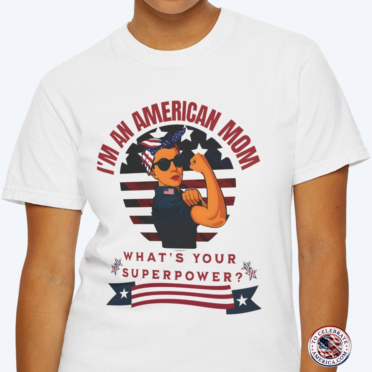 This retro American mom patriotic T-shirt design features a mom flexing her muscles against a stars and stripes shield, giving off a strong and proud vibe. Perfect for the patriotic mom who wants to show off her strength and love for her country. Ideal for Mother's Day, 4th of July, or any patriotic celebration.