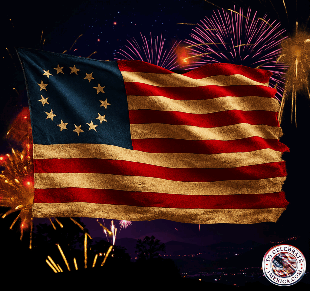 Betsy Ross flag set against, and lit up by the fireworks in the night sky