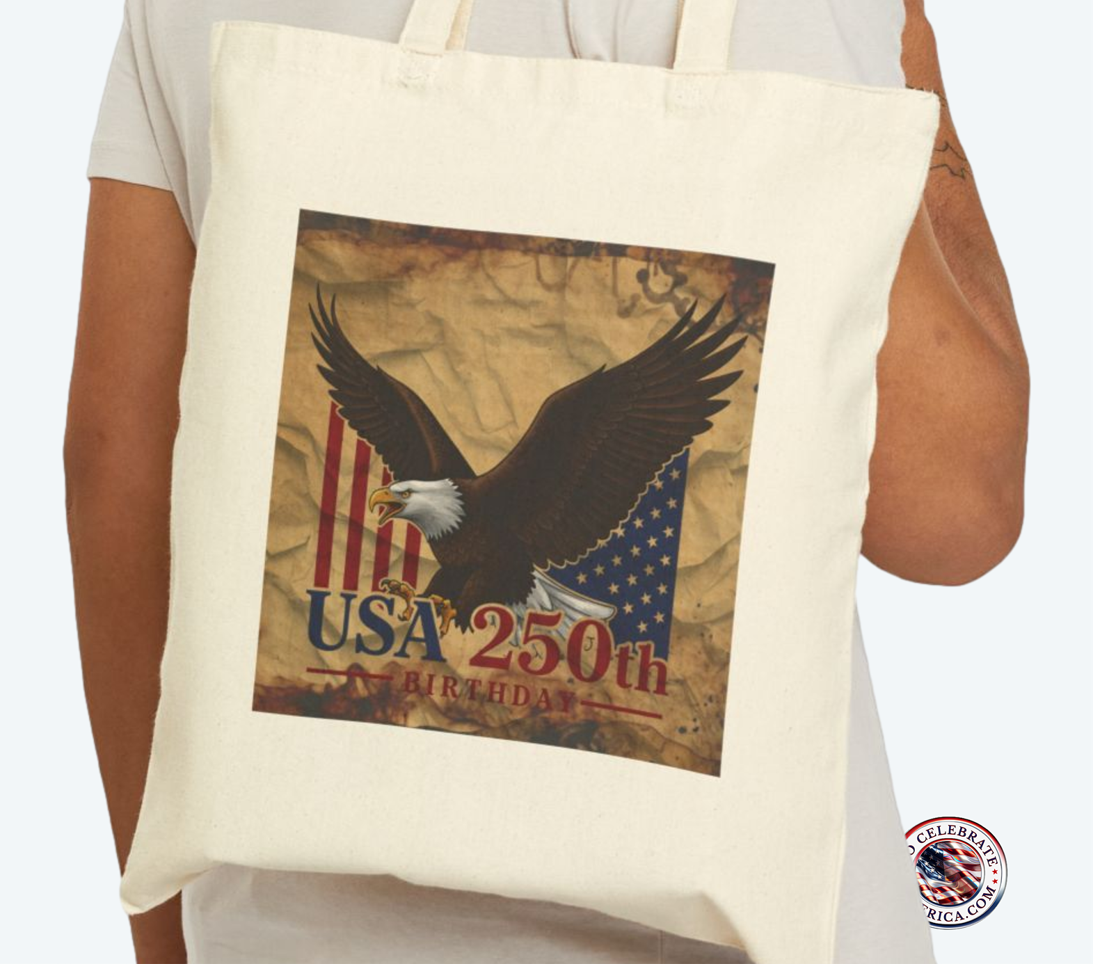 Canvas Tote Bag - Vintage Eagle Stars and Stripes 250th Birthday Text Design - Image 2