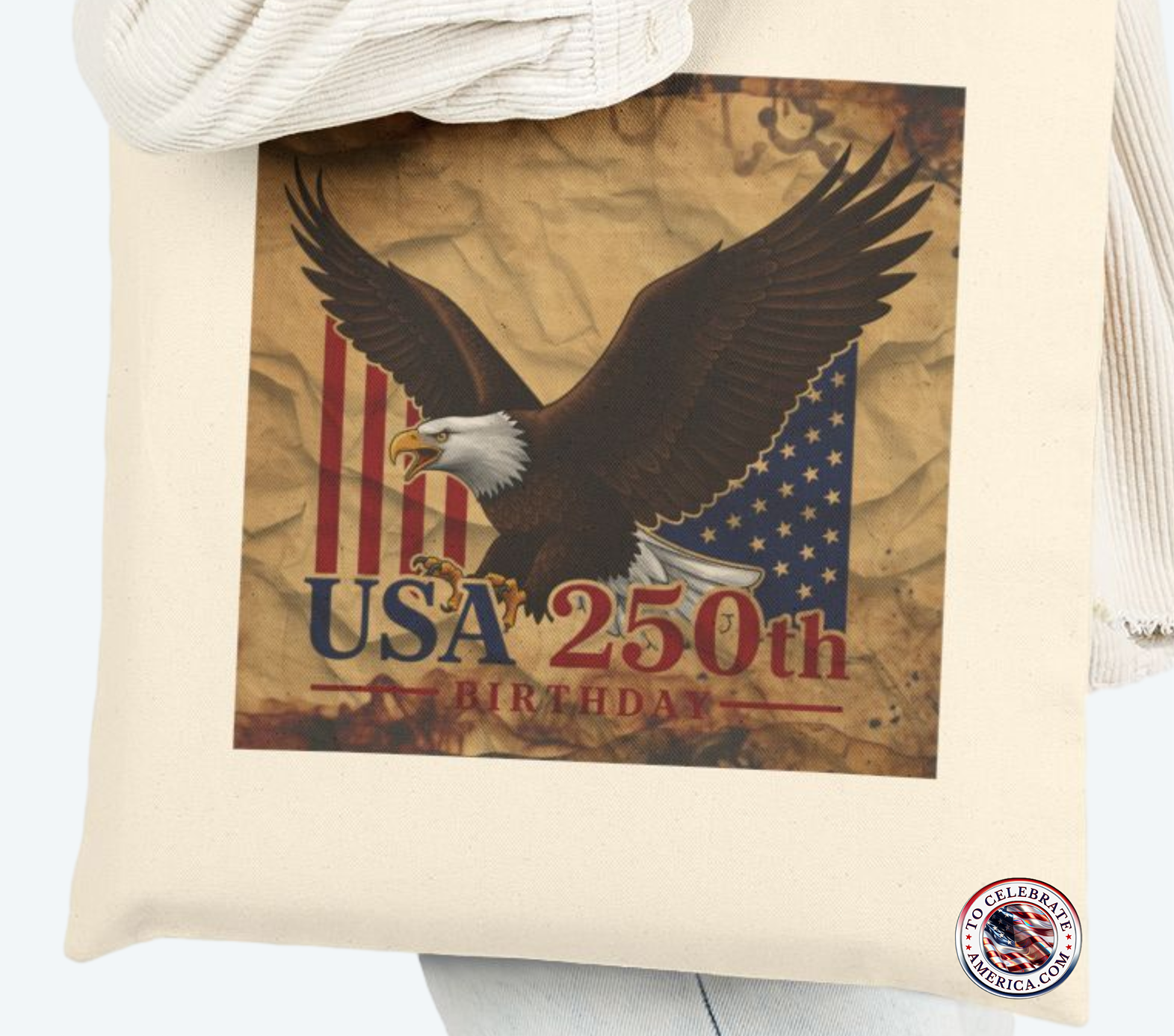 Canvas Tote Bag - Vintage Eagle Stars and Stripes 250th Birthday Text Design