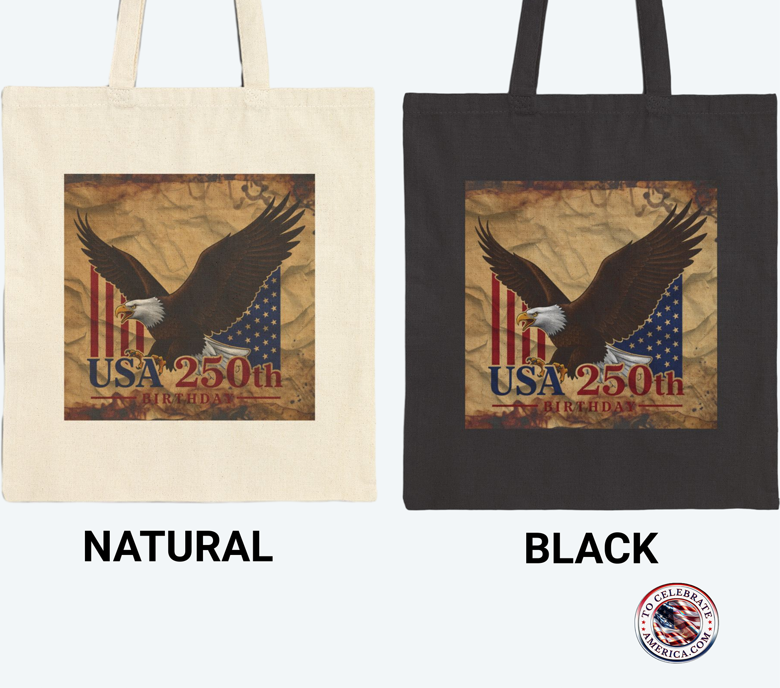 Canvas Tote Bag - Vintage Eagle Stars and Stripes 250th Birthday Text Design - Image 6