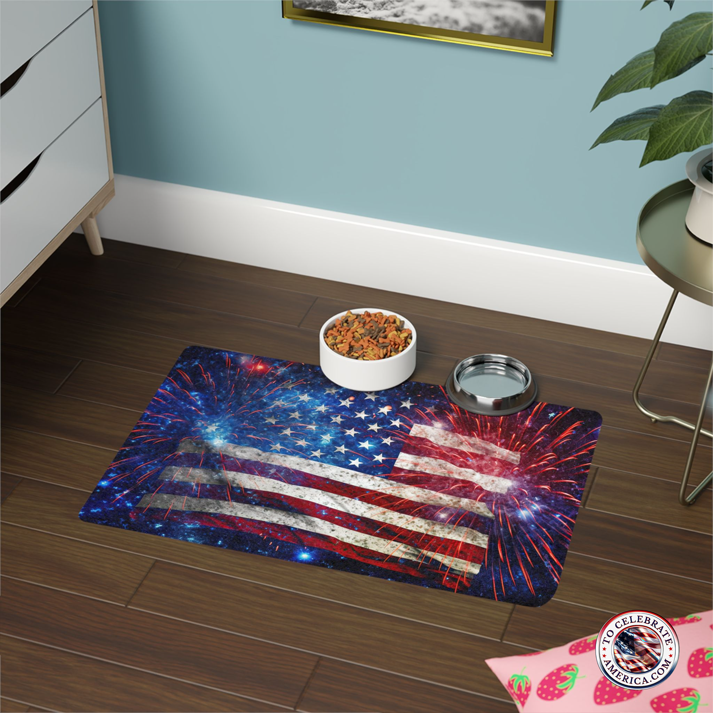Pet Food Mat - Patriotic Flag and Fireworks Design - Image 3