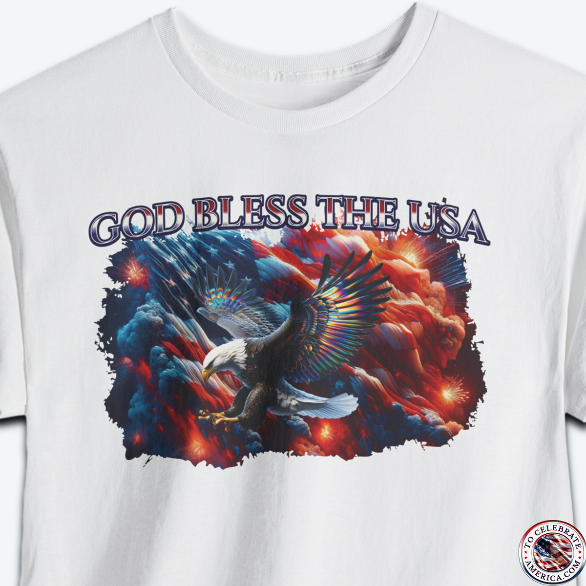 The Star Spangled Banner Comes Alive in this God Bless The USA Tshirt! Hey there, fellow patriots! Show your love for God and the good ol' US of A with this patriotic Tshirt. This shirt is perfect for anyone who bleeds red, white, and blue and is proud to call America home. The design features the iconic USA flag waving proudly against a billowy backdrop of fireworks and smoke, with a majestic eagle overlay. Whether you're celebrating Independence Day, Memorial Day, or just feeling extra patriotic, this tee is sure to turn heads and make a statement. So, grab one for yourself and wear your American pride across your chest (literally)! Pair this iconic tee with distressed denim jeans and leather boots for an effortlessly cool look. For a smart-casual vibe, match it with chinos and loafers. Grab It Today!