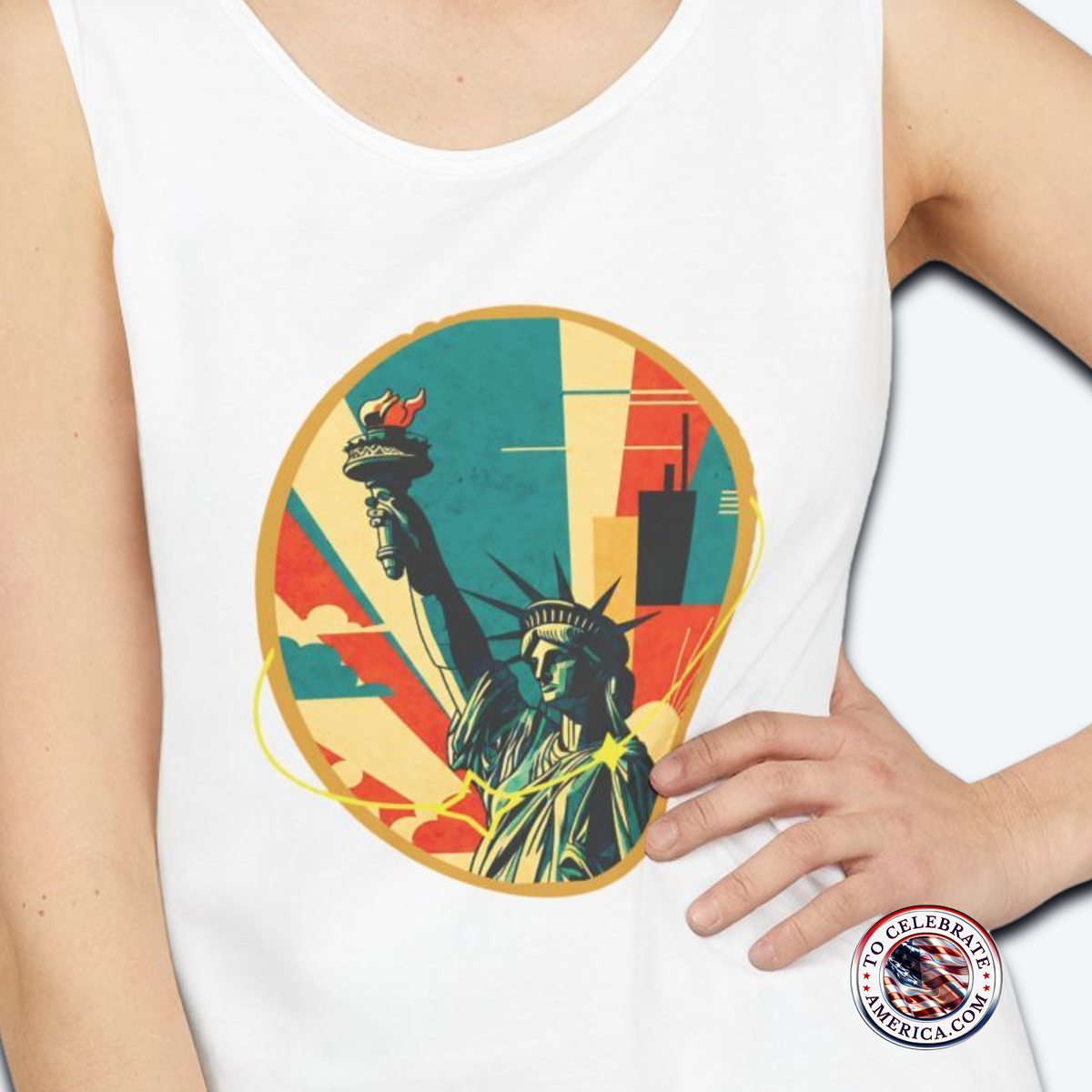 Statue of Liberty Graphic Tank Top, Summer Apparel, Unisex Clothing, 4th of July Outfit, Travel Tees, Mid Century Art Design - Image 2