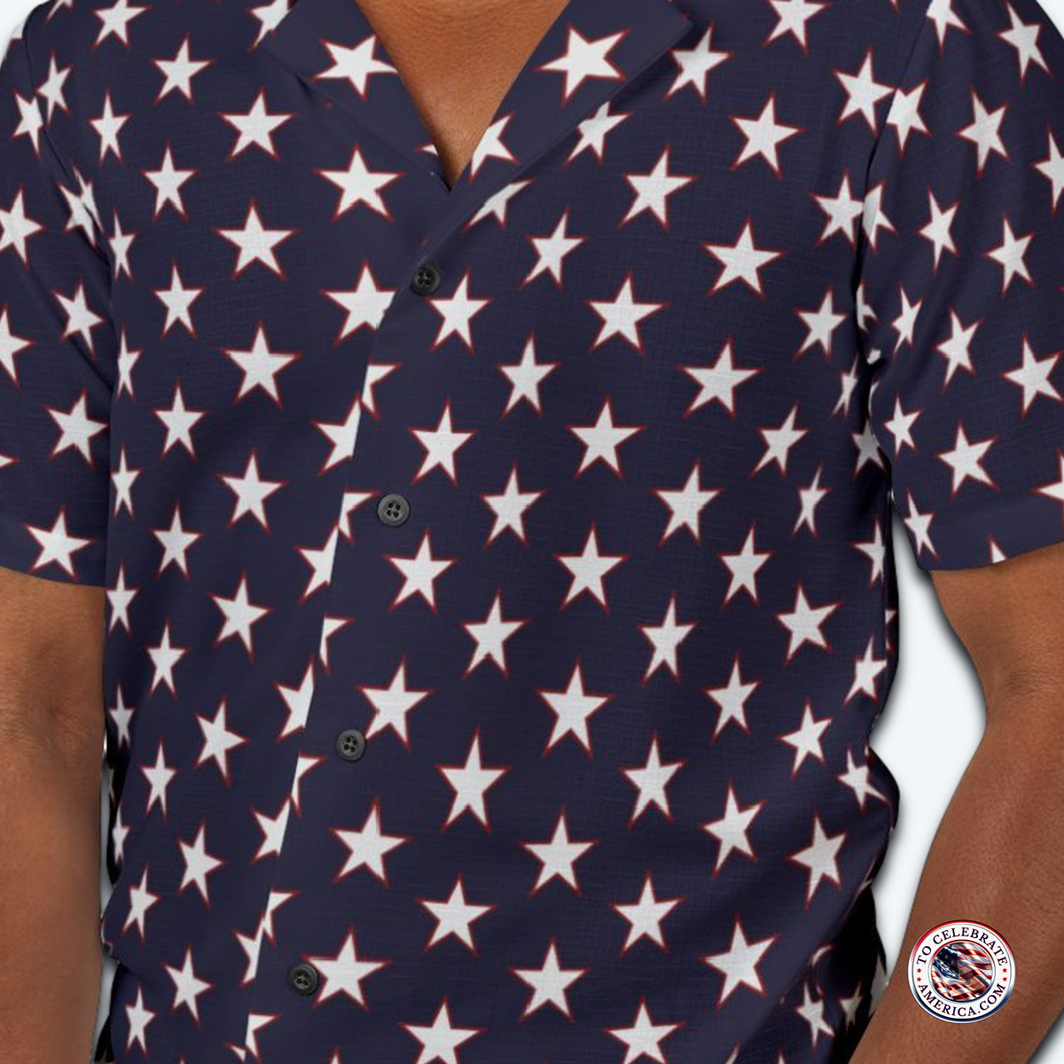 Camp Shirt - Patriotic White and Red Border Star Pattern on Dark Blue Background