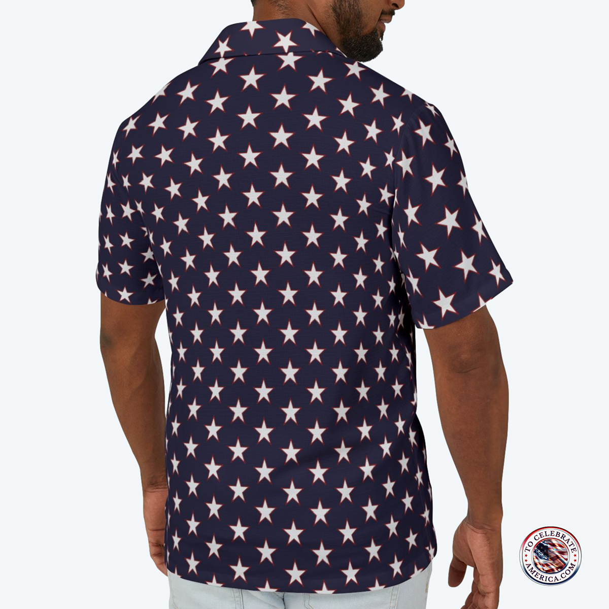 Camp Shirt - Patriotic White and Red Border Star Pattern on Dark Blue Background - Image 2