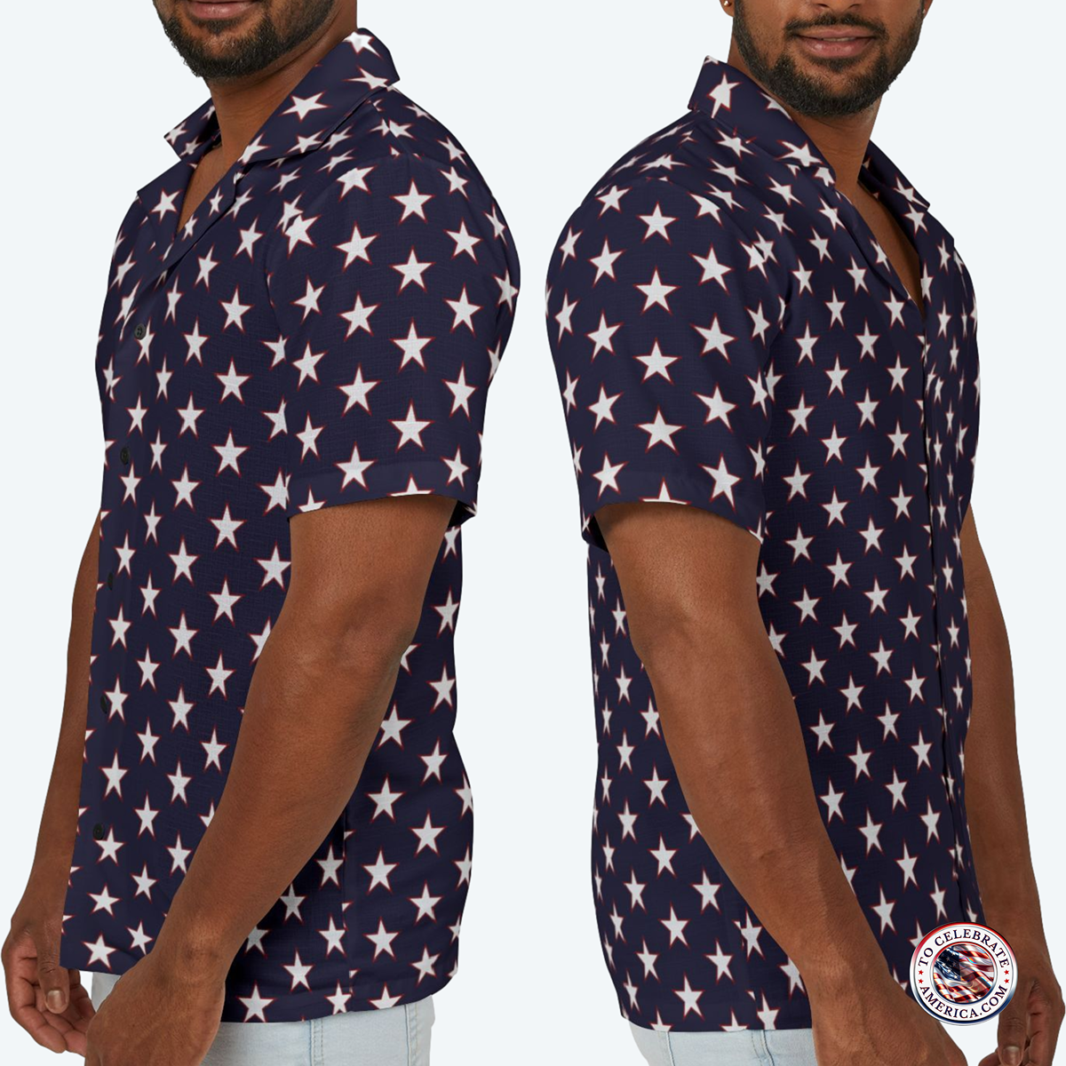 Camp Shirt - Patriotic White and Red Border Star Pattern on Dark Blue Background - Image 3