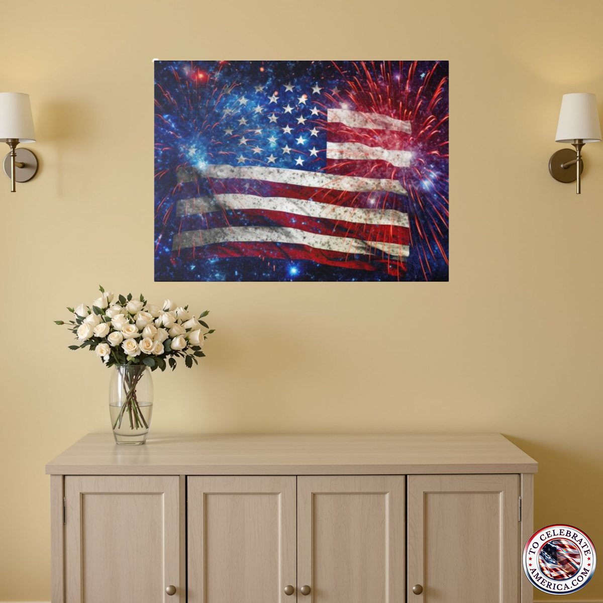 Patriotic Canvas Art, American Flag with Fireworks Wall Decor - Image 3