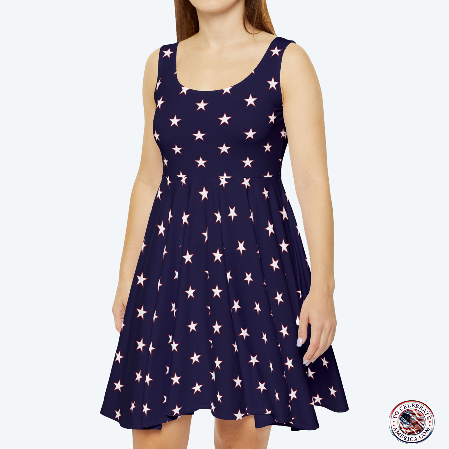 Skater Dress with White Star and Red Border Pattern on Dark Blue Background