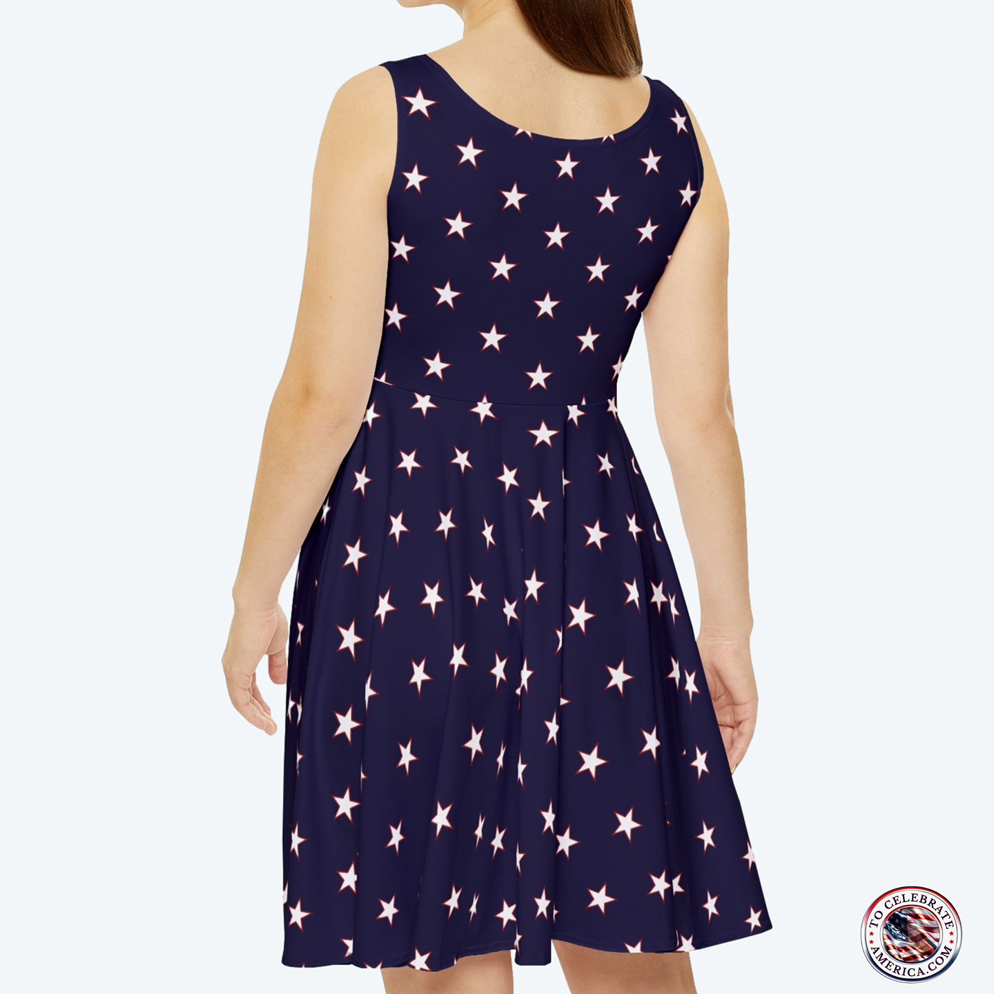 Skater Dress with White Star and Red Border Pattern on Dark Blue Background - Image 2