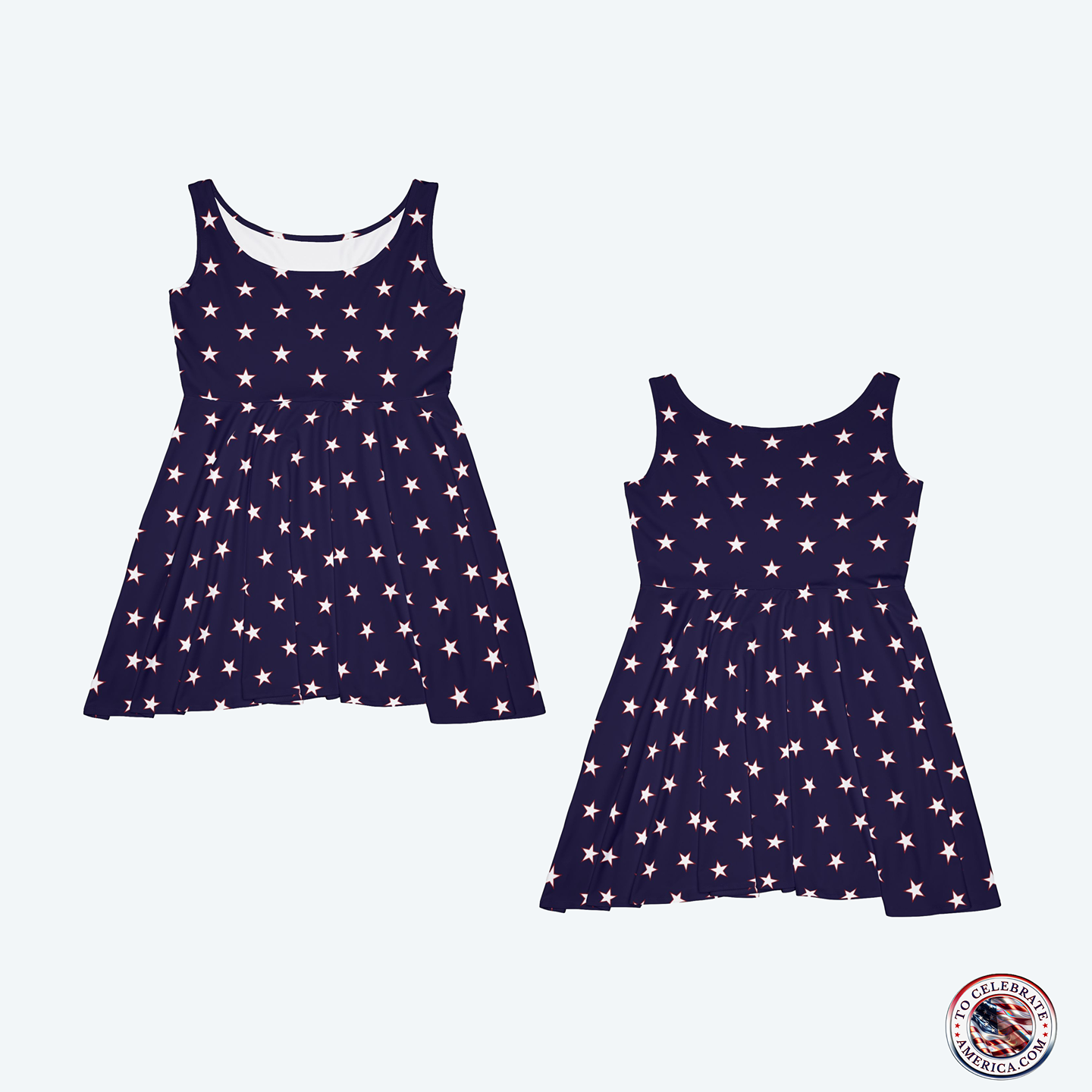 Skater Dress with White Star and Red Border Pattern on Dark Blue Background - Image 4
