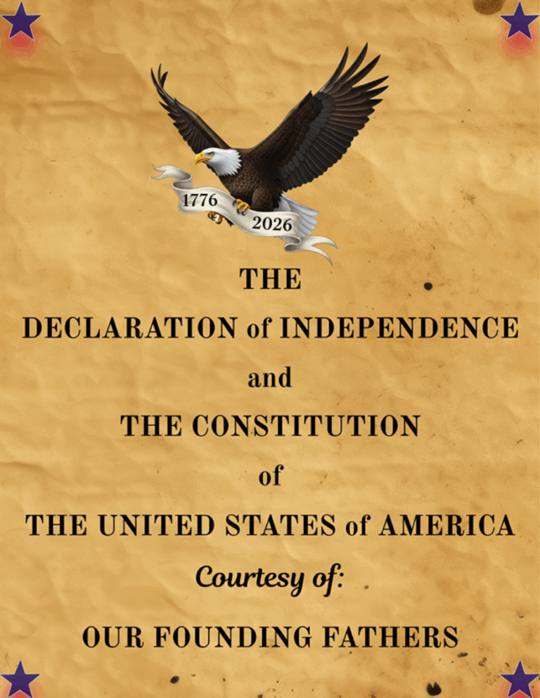 PDF cover for The Declaration of Independence and The Constitution of The United States of America.Bold typeface and an eagle carrying a 1776-2026 banner in its claws set against a parchment style background