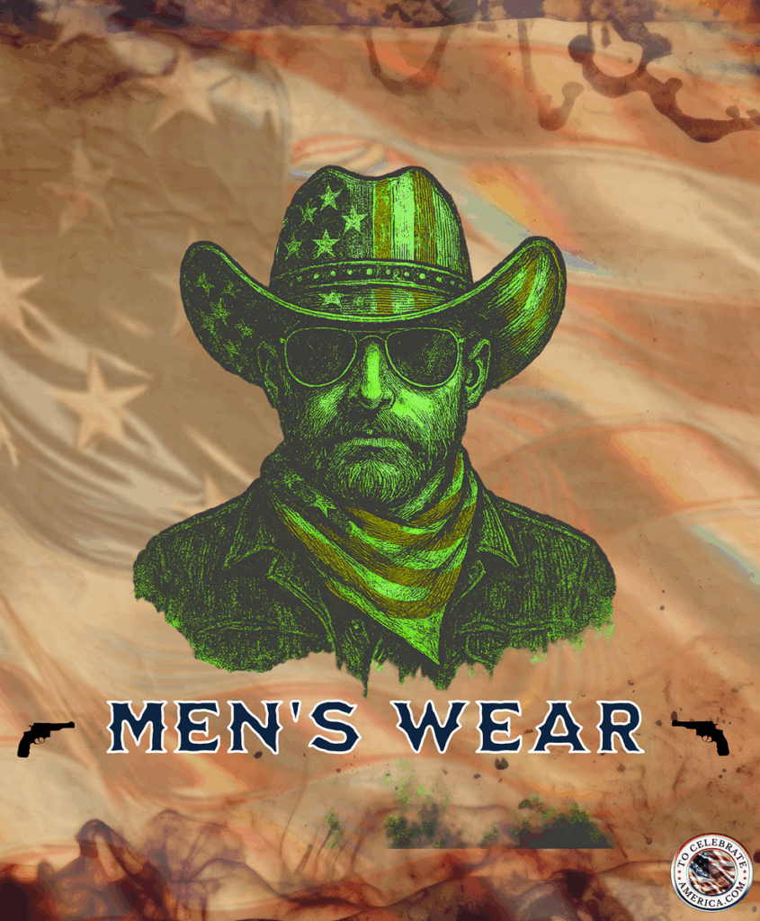 Men's wear image. A rugged cowbot with a hat decorated with the American flag motif