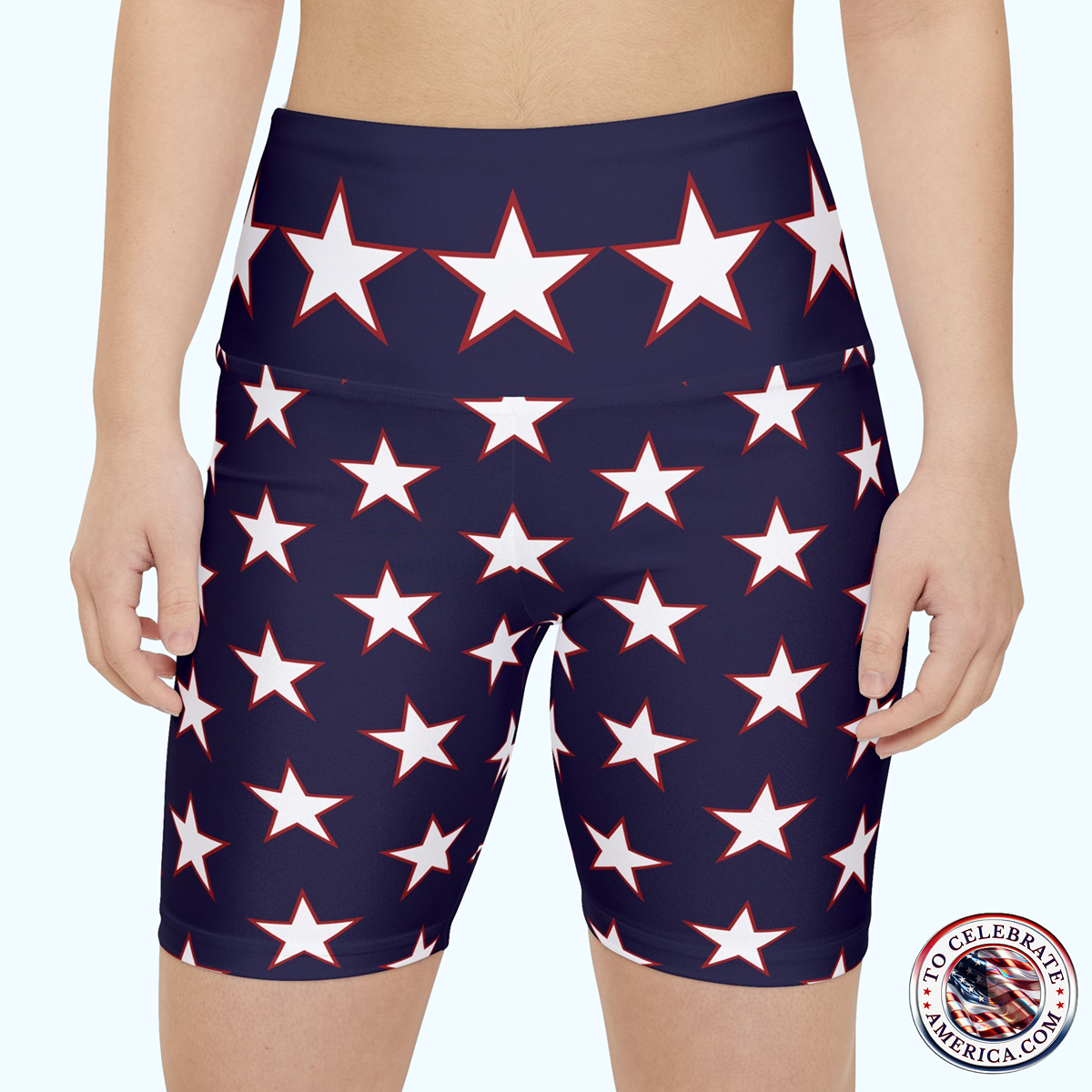 These women's workout shorts feature a stylish white star with a red border pattern set against a dark blue background. The vibrant colors and durable polyester fabric make them perfect for active individuals looking to add a touch of fun to their exercise routine. Ideal for women who enjoy working out, running, yoga, or any other physical activities. Great for Fourth of July, Memorial Day, Labor Day, and everyday wear.