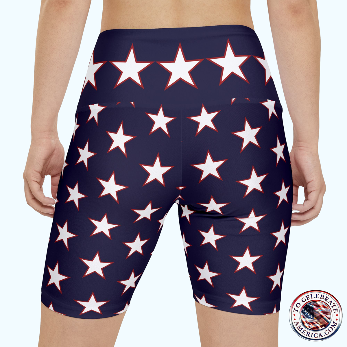 These women's workout shorts feature a stylish white star with a red border pattern set against a dark blue background. The vibrant colors and durable polyester fabric make them perfect for active individuals looking to add a touch of fun to their exercise routine. Ideal for women who enjoy working out, running, yoga, or any other physical activities. Great for Fourth of July, Memorial Day, Labor Day, and everyday wear.