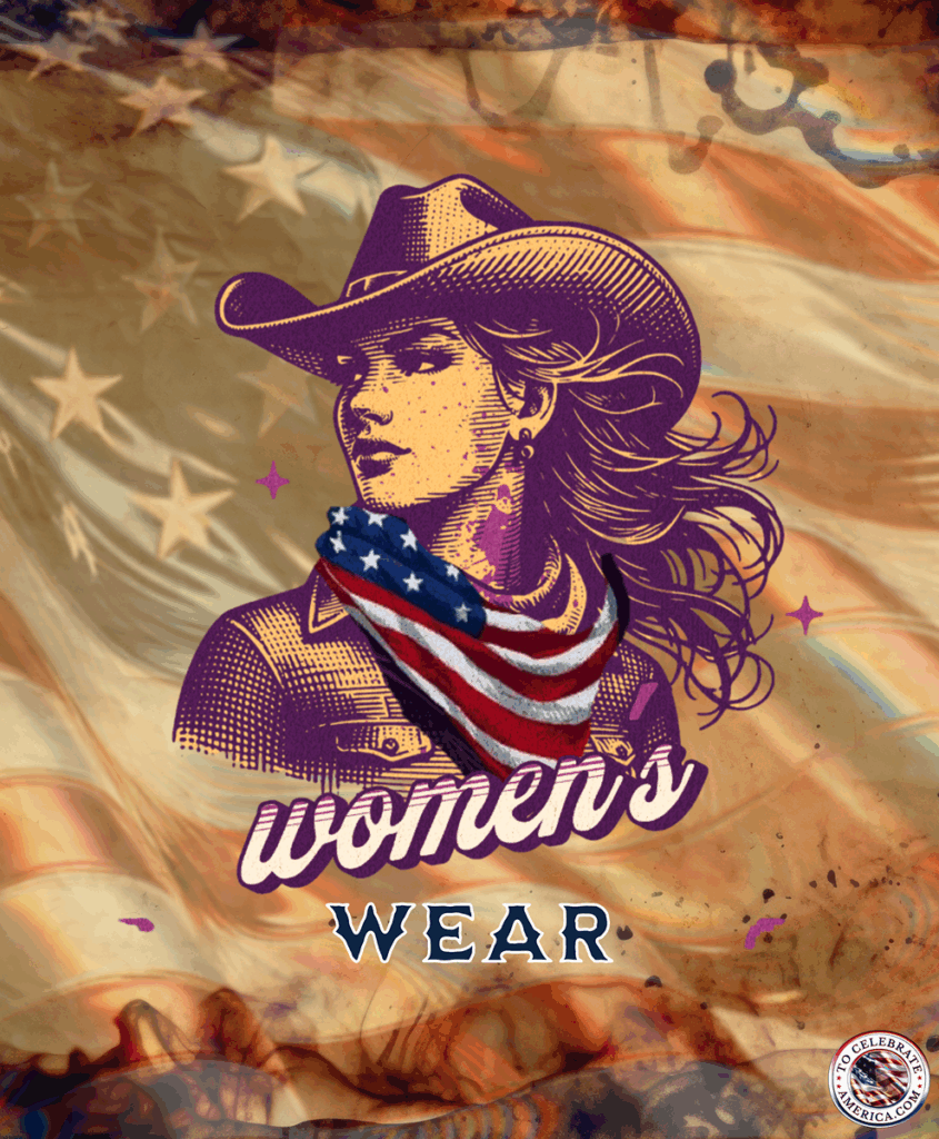 women's wear image. Cowgirl wuth a stars and stripes bandana around her nrck