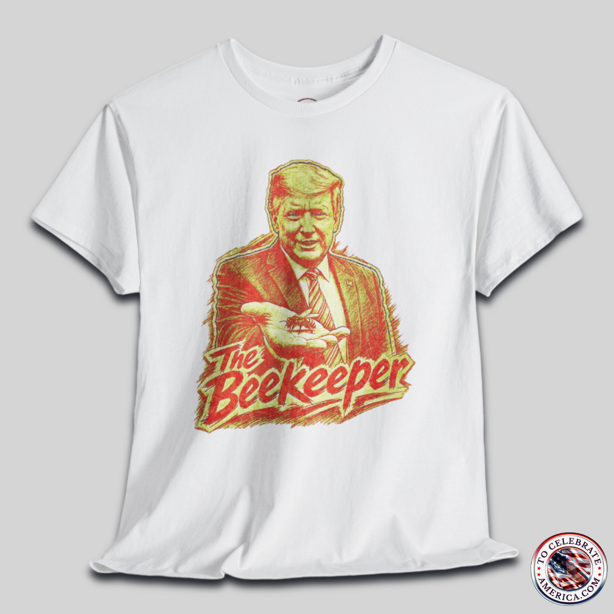 White T‑shirt featuring a pencil‑sketch illustration of President Trump holding a small bee in an outstretched hand, with stylized ‘The Beekeeper’ text below.