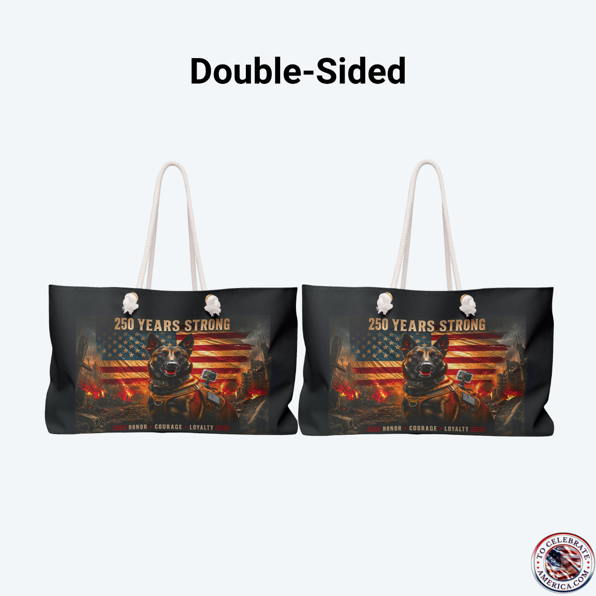 Large black weekender tote bag featuring a patriotic tactical K9 German Shepherd graphic under the text "250 Years Strong" and a distressed American flag backdrop. The bag rests on a white background, showcasing thick cream cotton rope handles with gold metal grommets.