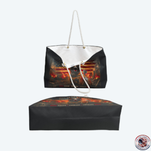 Large black weekender tote bag featuring a patriotic tactical K9 German Shepherd graphic under the text "250 Years Strong" and a distressed American flag backdrop. The bag rests on a white background, showcasing thick cream cotton rope handles with gold metal grommets.