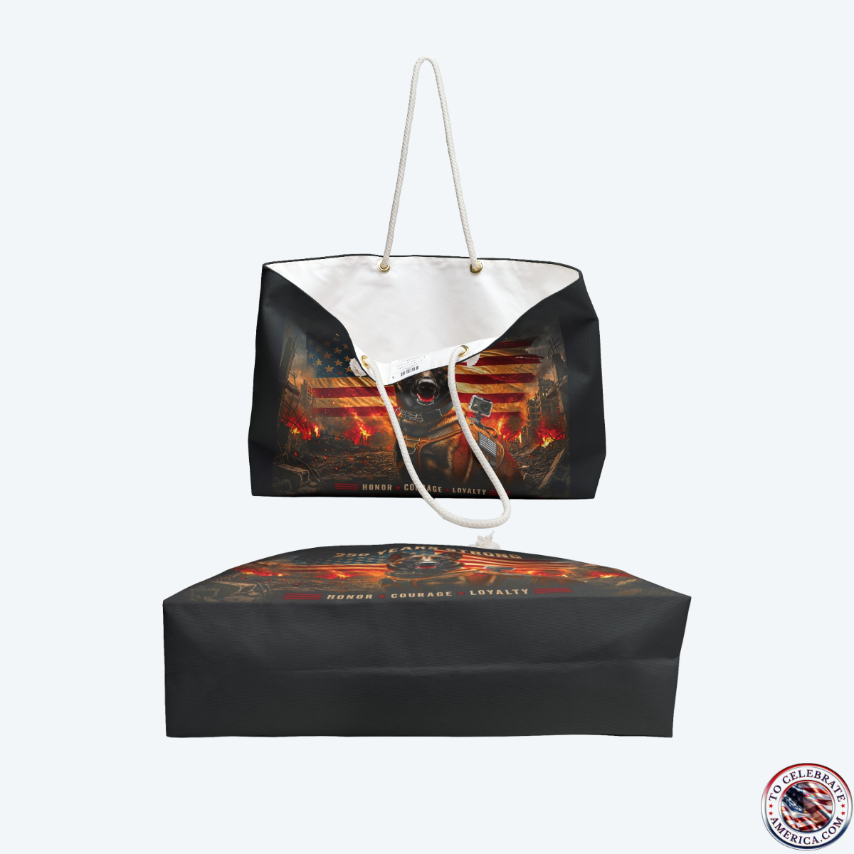 Large black weekender tote bag featuring a patriotic tactical K9 German Shepherd graphic under the text "250 Years Strong" and a distressed American flag backdrop. The bag rests on a white background, showcasing thick cream cotton rope handles with gold metal grommets.