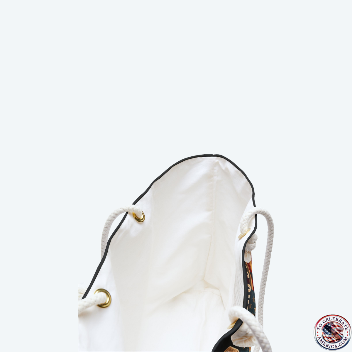 Large black weekender tote bag featuring a patriotic tactical K9 German Shepherd graphic under the text "250 Years Strong" and a distressed American flag backdrop. The bag rests on a white background, showcasing thick cream cotton rope handles with gold metal grommets.