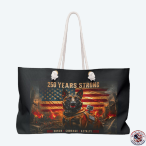 Large black weekender tote bag featuring a patriotic tactical K9 German Shepherd graphic under the text "250 Years Strong" and a distressed American flag backdrop. The bag rests on a white background, showcasing thick cream cotton rope handles with gold metal grommets.