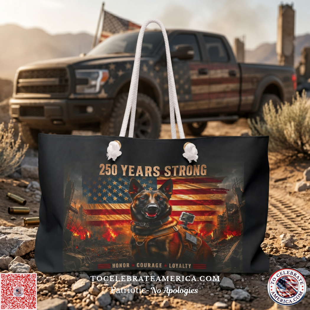 K9 Tactical bag lifestyle shot. Blurry desert background with bag in the front with pickup truck and American flag behind it