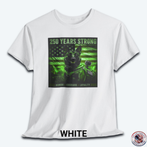 A white graphic t-shirt displayed flat, featuring a night-vision green overlay design of a tactical working K9 dog in front of a weathered US flag. The text reads "250 Years Strong" at the top and "HONOR ā
COURAGE ā
LOYALTY" at the bottom.