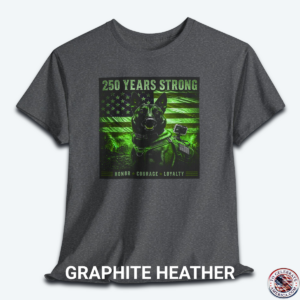 A graphite heather graphic t-shirt displayed flat, featuring a night-vision green overlay design of a tactical working K9 dog in front of a weathered US flag. The text reads "250 Years Strong" at the top and "HONOR ā
COURAGE ā
LOYALTY" at the bottom.