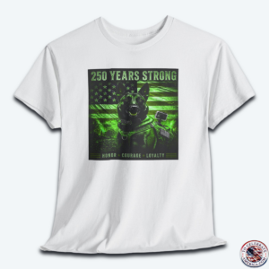 A white graphic t-shirt displayed flat, featuring a night-vision green overlay design of a tactical working K9 dog in front of a weathered US flag. The text reads "250 Years Strong" at the top and "HONOR ā
COURAGE ā
LOYALTY" at the bottom.