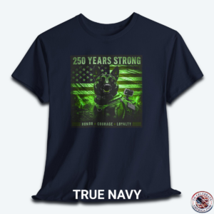 A Navy graphic t-shirt displayed flat, featuring a night-vision green overlay design of a tactical working K9 dog in front of a weathered US flag. The text reads "250 Years Strong" at the top and "HONOR ā
COURAGE ā
LOYALTY" at the bottom.