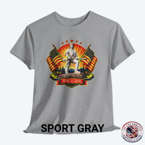 Sport Gray Tee featuring Luminescent Minuteman 250th Anniversary design with American flags, stars, and 1776‑2026 banner on patriotic T‑shirt