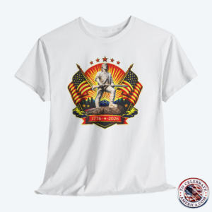 White Tee featuring Luminescent Minuteman 250th Anniversary design with American flags, stars, and 1776‑2026 banner on patriotic T‑shirt