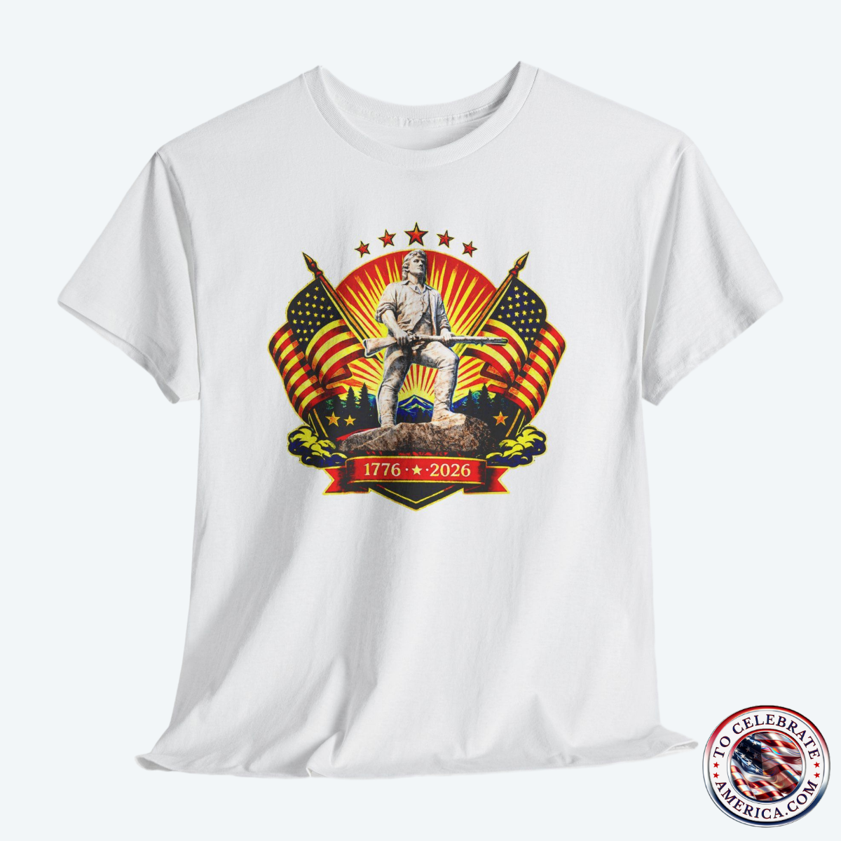 White Tee featuring Luminescent Minuteman 250th Anniversary design with American flags, stars, and 1776‑2026 banner on patriotic T‑shirt