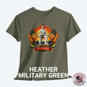 Heather Military Green Tee featuring Luminescent Minuteman 250th Anniversary design with American flags, stars, and 1776‑2026 banner on patriotic T‑shirt