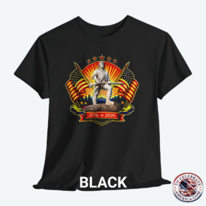 Black Tee featuring Luminescent Minuteman 250th Anniversary design with American flags, stars, and 1776‑2026 banner on patriotic T‑shirt