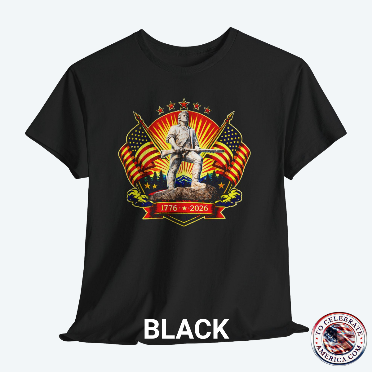 Black Tee featuring Luminescent Minuteman 250th Anniversary design with American flags, stars, and 1776‑2026 banner on patriotic T‑shirt