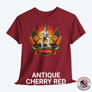 Antique Cherry Red Tee featuring Luminescent Minuteman 250th Anniversary design with American flags, stars, and 1776‑2026 banner on patriotic T‑shirt