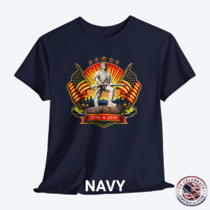 Navy Blue Tee featuring Luminescent Minuteman 250th Anniversary design with American flags, stars, and 1776‑2026 banner on patriotic T‑shirt
