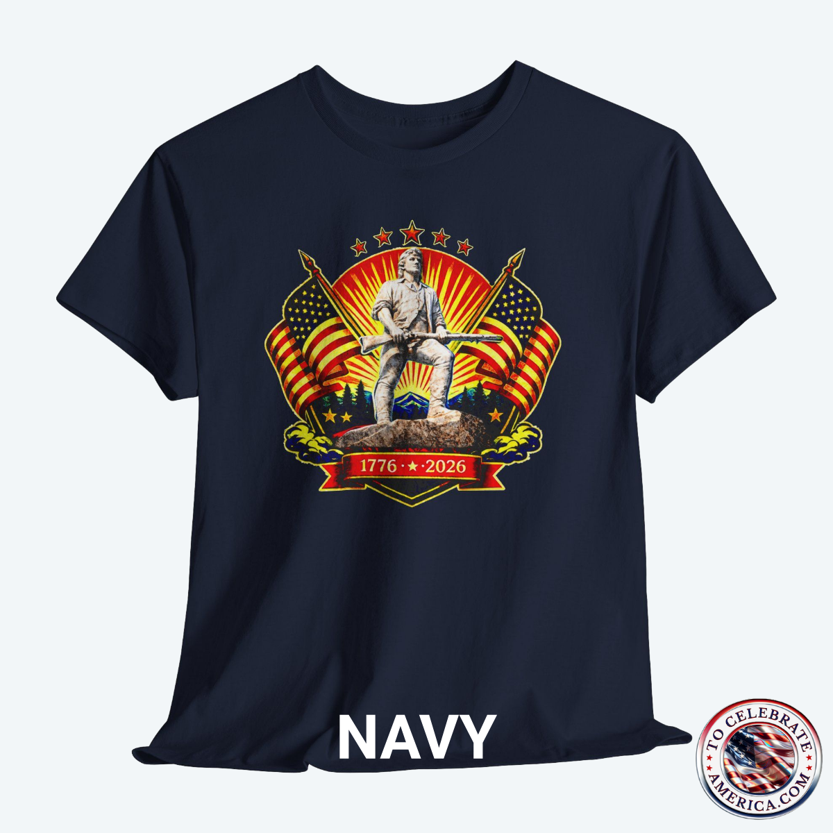 Navy Blue Tee featuring Luminescent Minuteman 250th Anniversary design with American flags, stars, and 1776‑2026 banner on patriotic T‑shirt