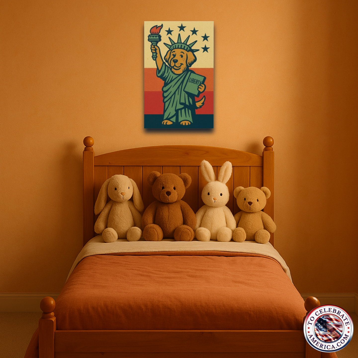 Patriotic illustration of a dog dressed as the Statue of Liberty, holding a torch and a ‘LIBERTY’ tablet, standing in front of retro sunset stripes with seven stars overhead and a small ‘To Celebrate America’ logo in the corner. Cute Americana artwork perfect for kids’ patriotic décor as shown.