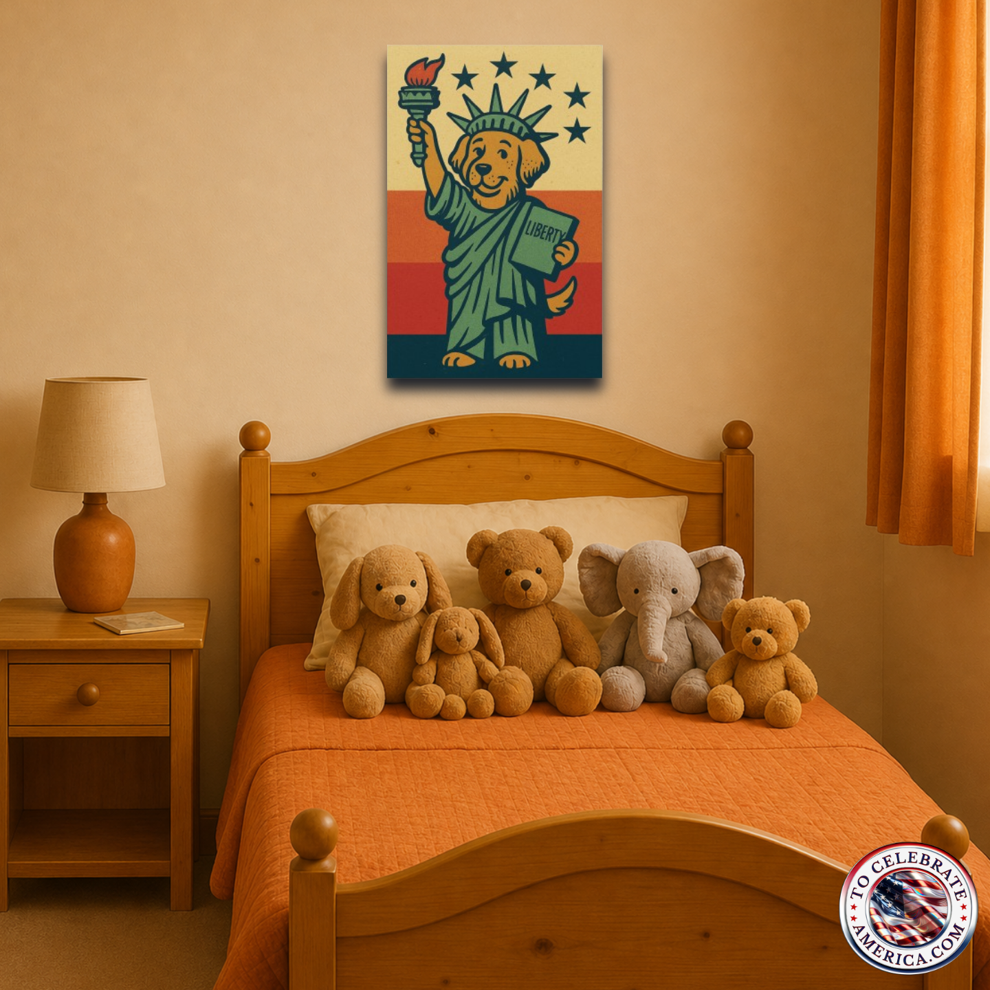 Patriotic illustration of a dog dressed as the Statue of Liberty, holding a torch and a ‘LIBERTY’ tablet, standing in front of retro sunset stripes with seven stars overhead and a small ‘To Celebrate America’ logo in the corner. Cute Americana artwork perfect for kids’ patriotic décor as shown.