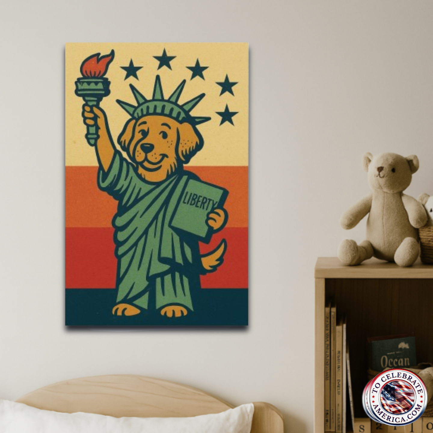 Patriotic illustration of a dog dressed as the Statue of Liberty, holding a torch and a ‘LIBERTY’ tablet, standing in front of retro sunset stripes with seven stars overhead and a small ‘To Celebrate America’ logo in the corner. Cute Americana artwork perfect for kids’ patriotic décor as shown.