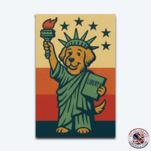 Patriotic illustration of a dog dressed as the Statue of Liberty, holding a torch and a ‘LIBERTY’ tablet, standing in front of retro sunset stripes with seven stars overhead and a small ‘To Celebrate America’ logo in the corner. Cute Americana artwork perfect for kids’ patriotic décor.