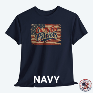 Navy T‑shirt featuring distressed American flag background with bold ‘Carry On Patriots’ vintage lettering.”
