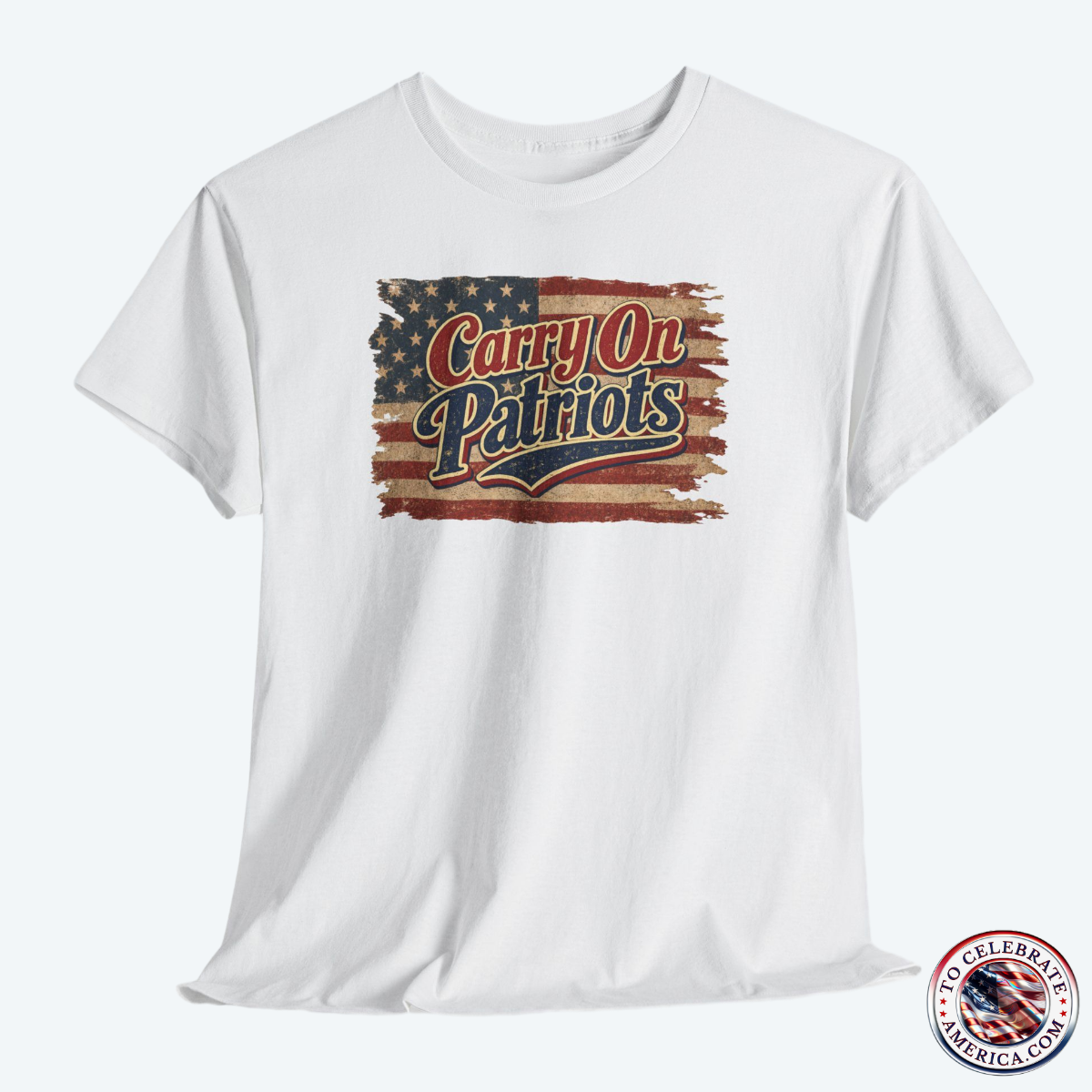 White T‑shirt featuring distressed American flag background with bold ‘Carry On Patriots’ vintage lettering.
