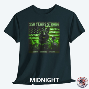 A "Midnight Blue" graphic t-shirt displayed flat, featuring a night-vision green overlay design of a tactical working K9 dog in front of a weathered US flag. The text reads "250 Years Strong" at the top and "HONOR ★ COURAGE ★ LOYALTY" at the bottom.